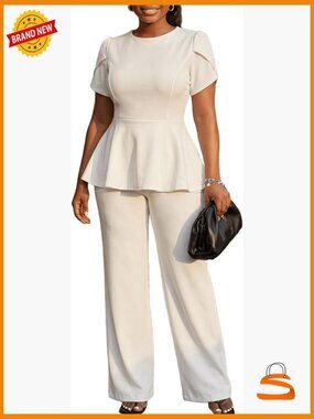 Women's 2 Piece Pants Set Peplum Top and Long Pants Short Sleeve Business Suit